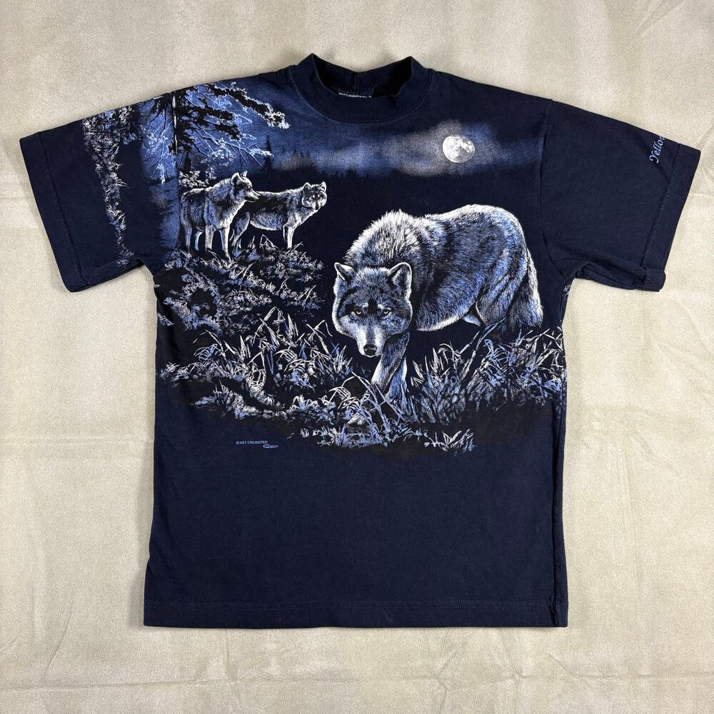 Vintage 90s‎ Art Unlimited Yellowstone Wolves All Over Print T-Shirt Sz M
